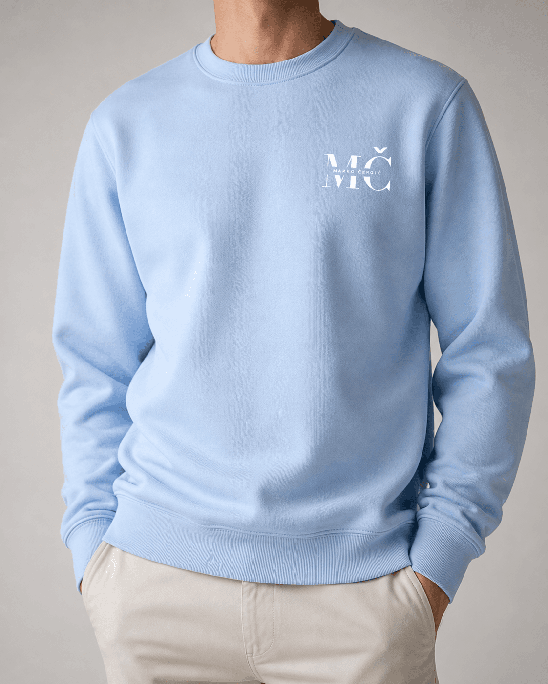Baby blue MČ sweater editorial torso view