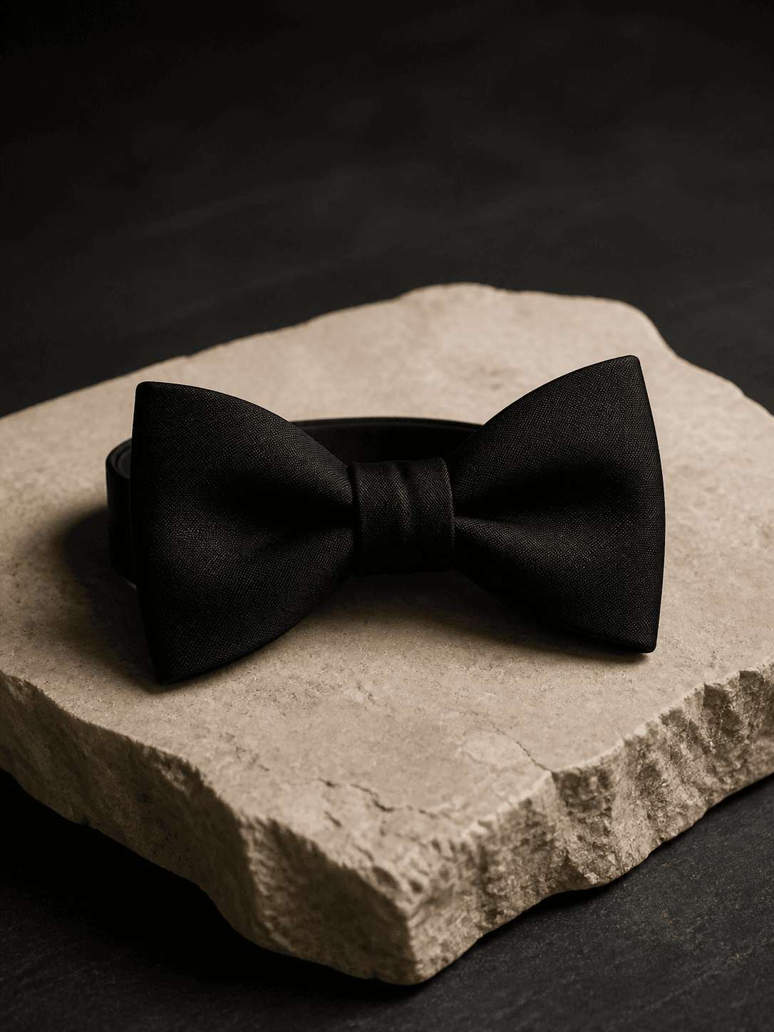 All-black silk bow tie on pale limestone